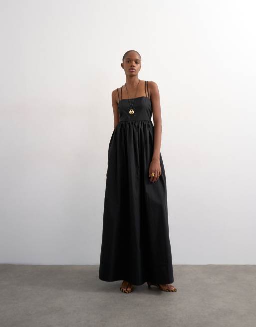 Topshop - Sort maxikjole i poplin med voluminøst design og stropper bagpå, 3 af 4