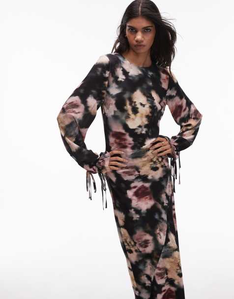 Topshop - Sort maxikjole med blomstermønster og ballonærmer med bindebånd - view 1