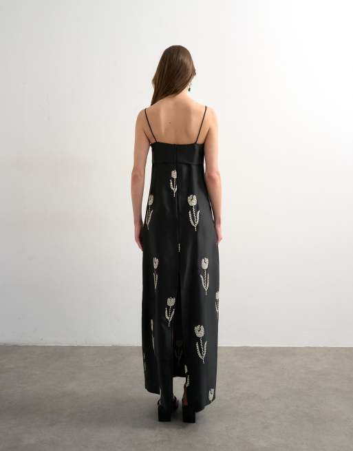 Topshop - Sort maxikjole med revers og blomsterbroderi, 2 af 4