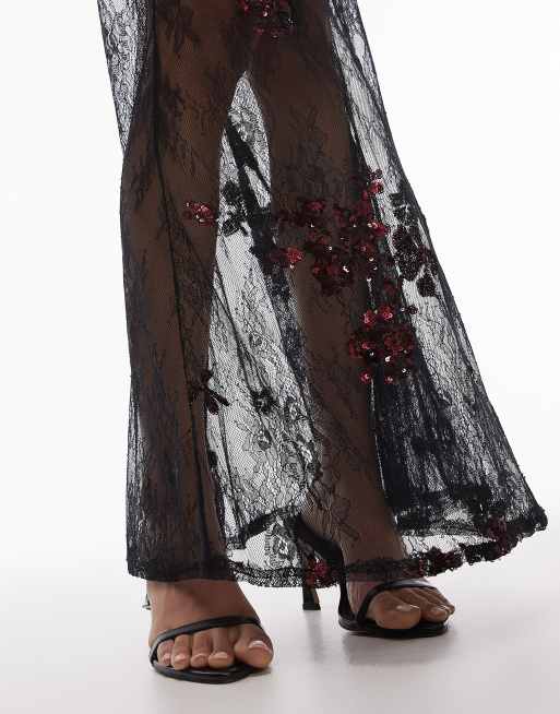 Topshop - Sort maxinederdel i udsmykket blondemateriale med pailletter, 3 af 5