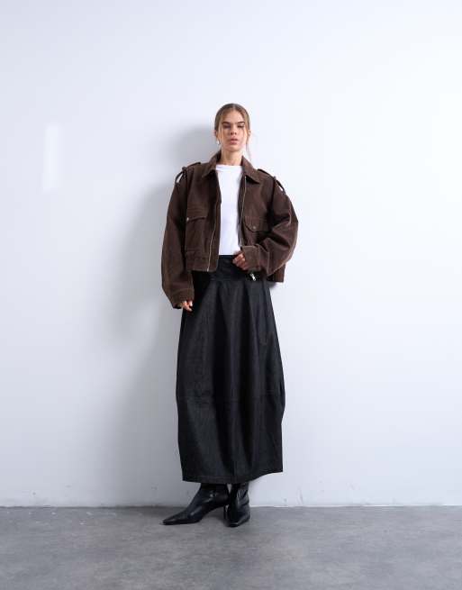 Topshop - Sort maxinederdel med tøndeform og sømdetaljer i denim