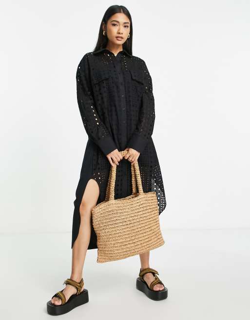 Topshop - Sort midi-skjortekjole med broderi