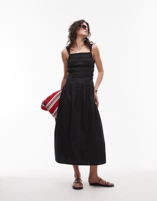Topshop - Sort midikjole med rynket overdel i poplin - view 1