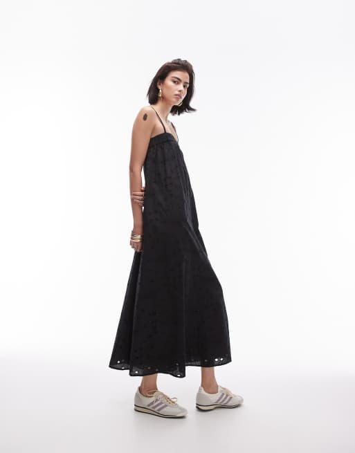  Topshop - Sort midikjole med stropper i broderie anglaise