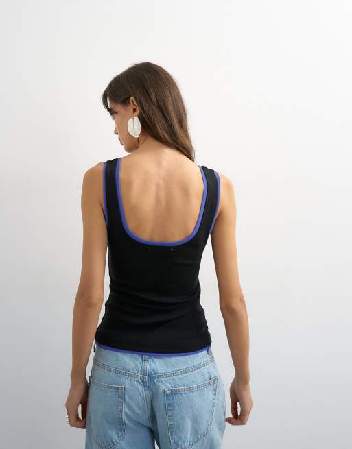 Topshop - Sort og blå mesh-top med dyb rund hals og kontrastkanter, 2 af 4