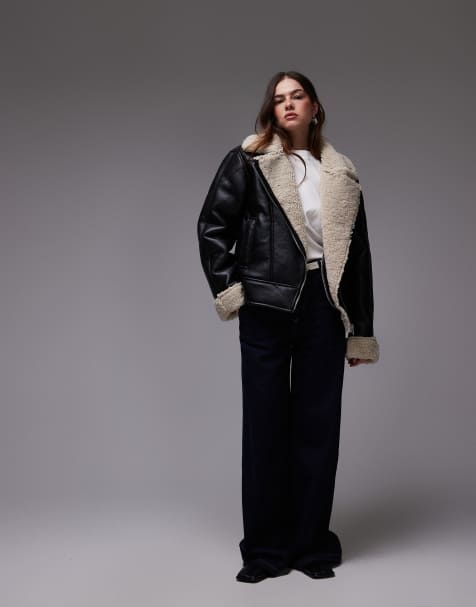 Topshop - Sort og cremehvid aviator-jakke i imiteret fåreskind - view 1