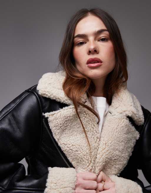 Topshop - Sort og cremehvid aviator-jakke i imiteret fåreskind, 2 af 4