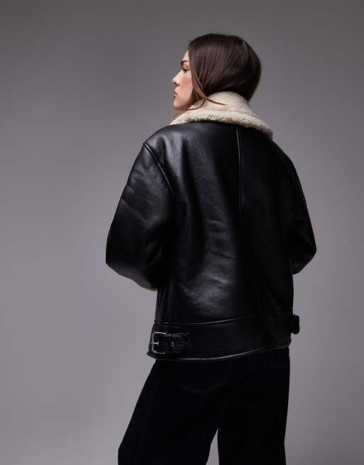 Topshop - Sort og cremehvid aviator-jakke i imiteret fåreskind, 3 af 4