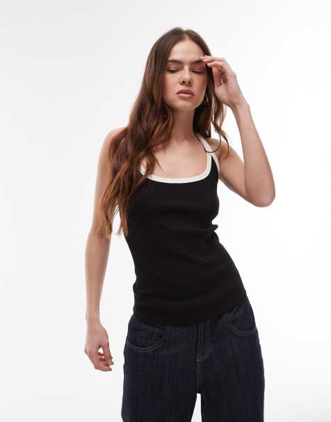 Topshop - Sort og ecrufarvet top med dyb, rund hals og tynde stropper i ribstrik - view 1