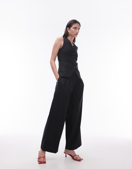 Topshop - Sort og figursyet vest med knapper i hør - Del af sæt, 4 af 4