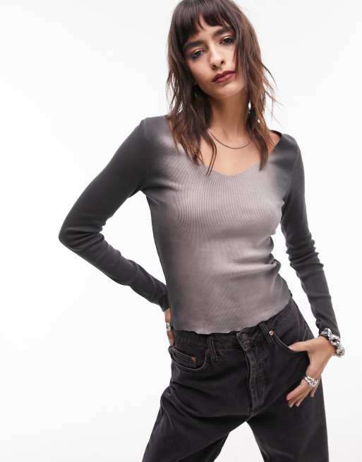 Topshop - Sort og grå langærmet top med ribber og ombre-print i spraymalingsstil