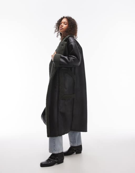 Topshop - Sort og grøn oversized lang kørefrakke