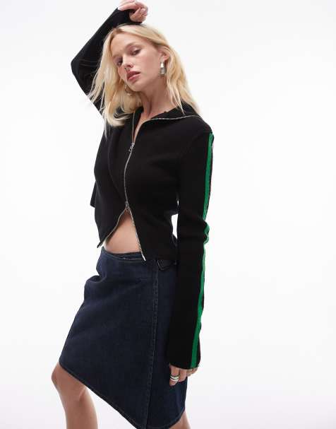 Topshop - Sort og grøn strikket cardigan med diagonal lynlås - view 1