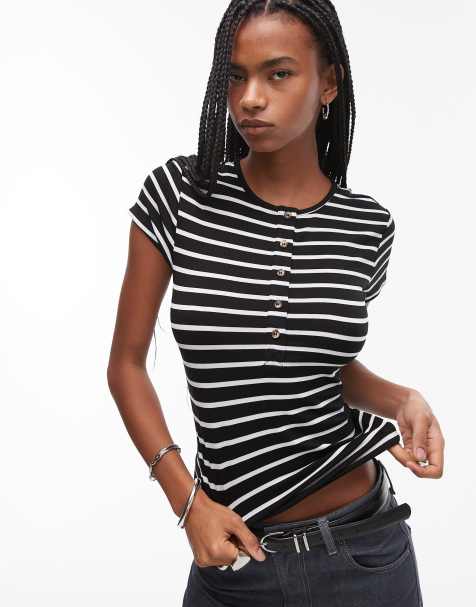 Topshop - Sort og hvid henley-overdel med korte ærmer og striber - view 1