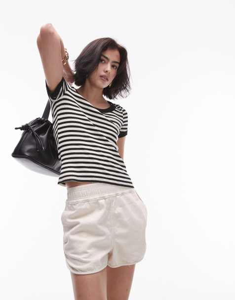 Topshop - Sort og hvid top med dyb, rund hals og striber - view 1