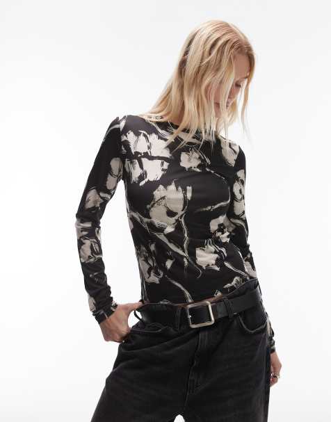 Topshop - Sort og langærmet top i mikrofiber med monokromt blomsterprint - view 1