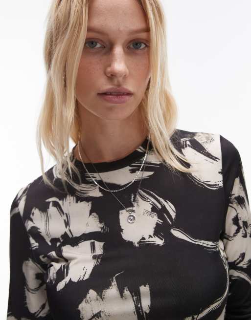 Topshop - Sort og langærmet top i mikrofiber med monokromt blomsterprint, 2 af 4