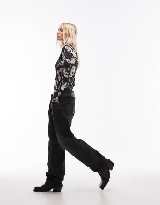 Topshop - Sort og langærmet top i mikrofiber med monokromt blomsterprint, 3 af 4