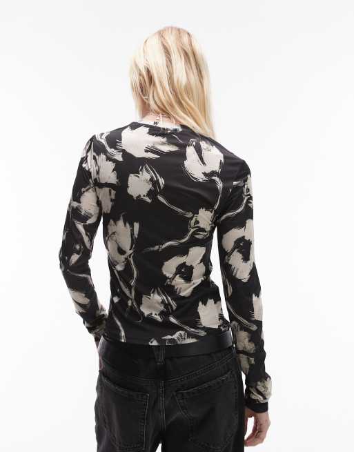 Topshop - Sort og langærmet top i mikrofiber med monokromt blomsterprint, 4 af 4