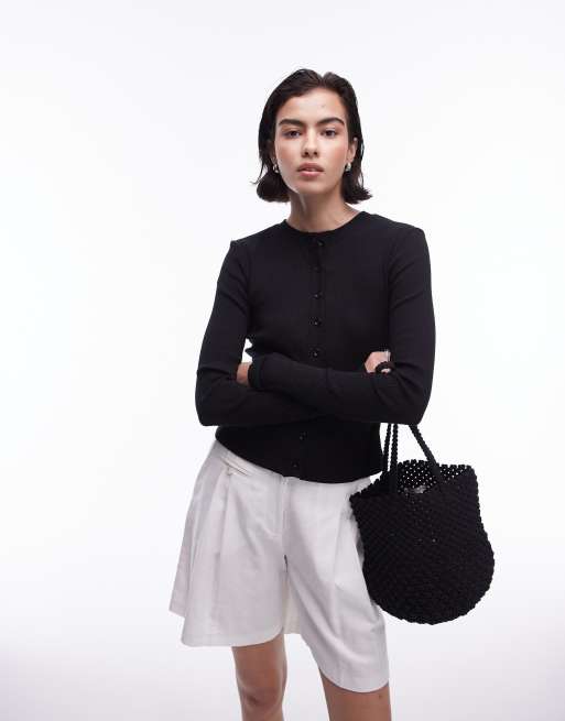 Topshop - Sort og ribstrikket mikro-cardigan med lange ærmer