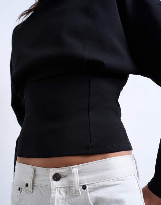 Topshop - Sort overdel med lange ærmer og korsettalje i interlock-stof, 3 af 4