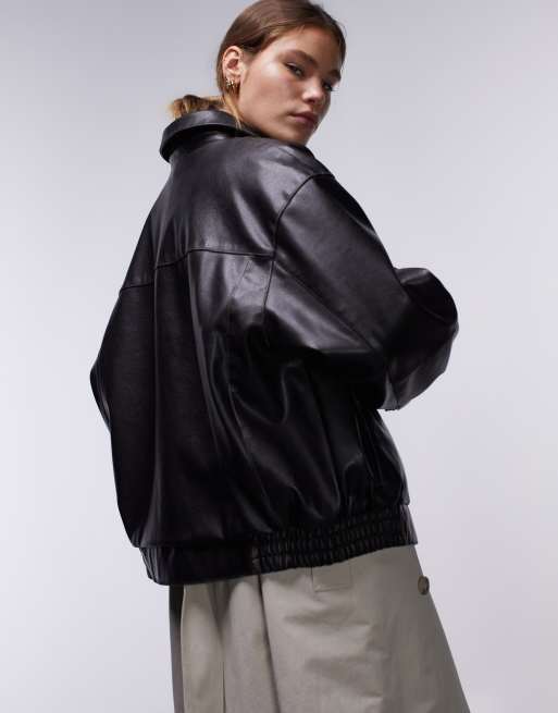 Topshop - Sort oversized bomber-jakke i imiteret læder, 5 af 6