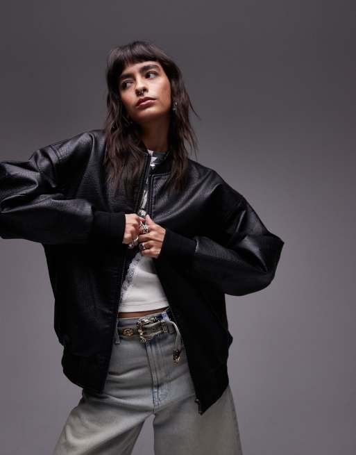 Topshop - Sort oversized bomber-jakke i imiteret læder, 3 af 4