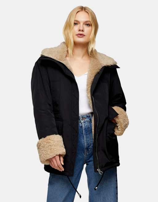 Topshop - Sort parka-jakke med for af imiteret lammeskind