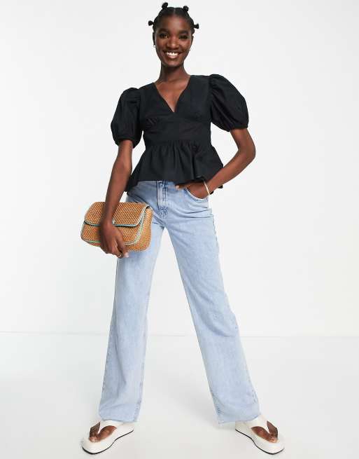 Topshop - Sort peplum poplin-bluse med pufærmer, 4 af 4