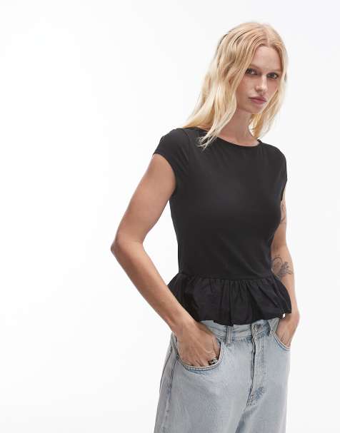 Topshop - Sort peplum-top med lige hals og ballonkant - view 1