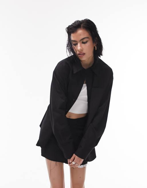Topshop - Sort poplinskjorte med foldedetalje 
