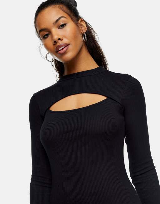 Topshop - Sort ribstrikket minikjole med lange ærmer, 3 af 4