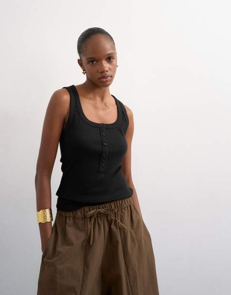 Topshop - Sort ribstrikket overdel med knapper - view 1