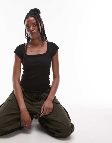 Topshop - Sort ribstrikket T-shirt med firkantet hals og afkortede ærmer - view 1