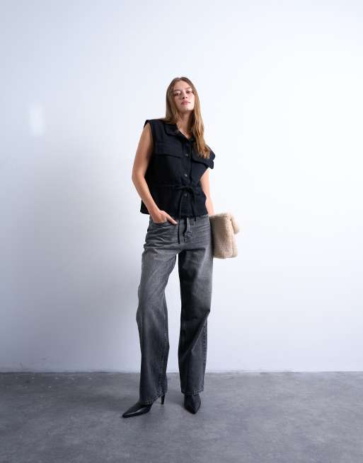 Topshop - Sort ærmeløs cargo-denimtop, 2 af 4