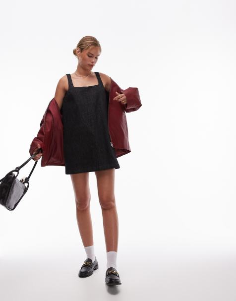 Topshop - Sort, skyllet og skræddersyet pinafore-kjole i denim - view 1