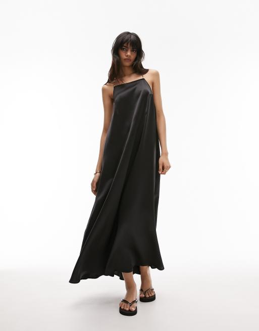Topshop - Sort slip-kjole med perlestropper i satin, 2 af 4