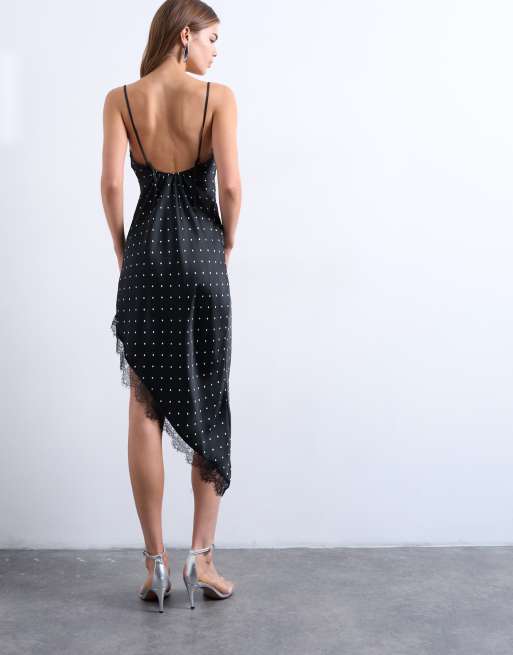 Topshop - Sort slip-midikjole med asymmetrisk blondekant og polkaprikker i satin, 4 af 4