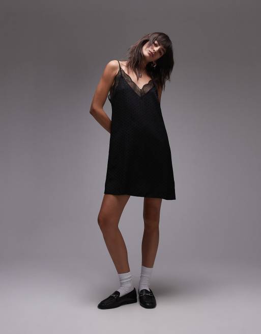 Topshop - Sort slip-minikjole med jacquard-prikker og blondekant, 4 af 4