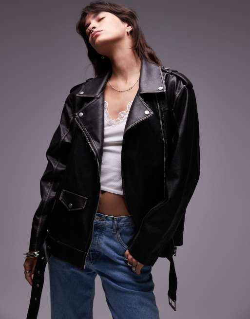 Topshop - Sort superoversized bikerjakke i imiteret læder