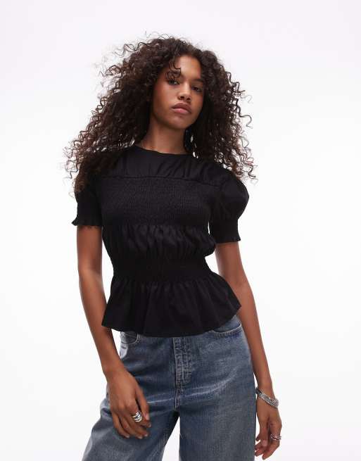 Topshop - Sort t-shirt med rynkede paneler