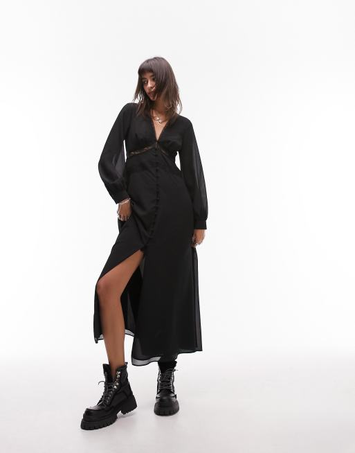 Topshop - Sort tea-midikjole med V-hals og blonder, 4 af 4