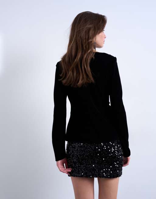 Topshop - Sort top med lange ærmer og draperinger i halsen i velour, 3 af 4