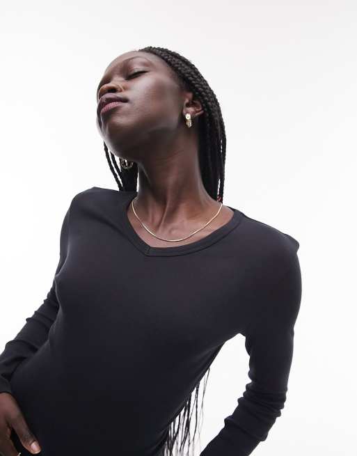 Topshop - Sort top med V-hals og lange ærmer i slim fit