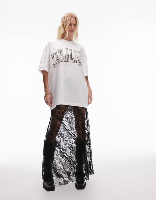 Topshop - Sort transparent maxinederdele i blomstret blondestof med diagonale lag