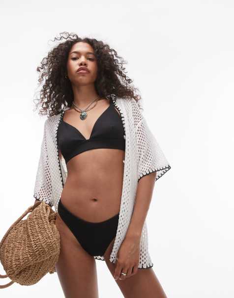 Topshop - Sorte bikinitrusser med høj benskæring i krølstof - view 1