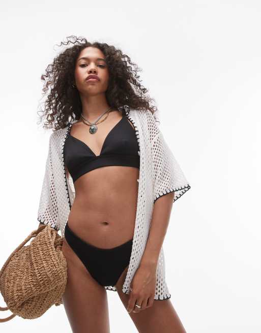 Topshop - Sorte bikinitrusser med høj benskæring i krølstof