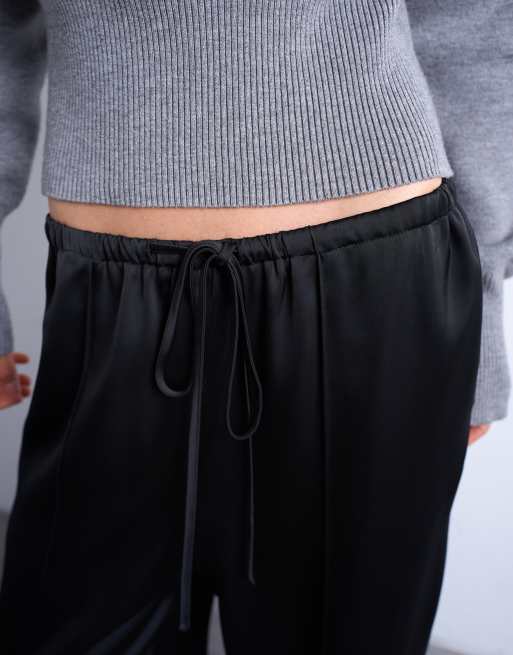 Topshop - Sorte bukser i satin med brede ben og bindebånd i taljen samt pintuck-søm, 4 af 5
