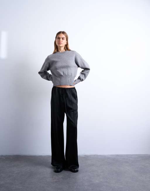 Topshop - Sorte bukser i satin med brede ben og bindebånd i taljen samt pintuck-søm, 5 af 5