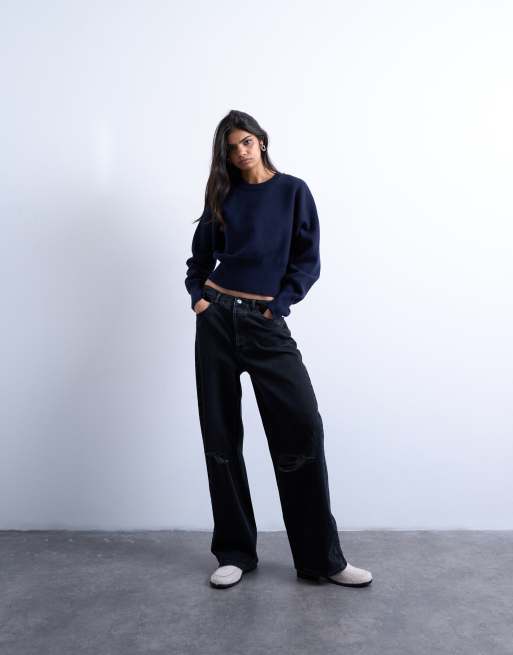 Topshop - Sorte forvaskede jeans med søjlesnit og mellemhøj talje samt flænger